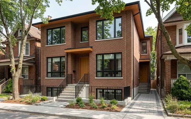 Triplex on a narrow Toronto lot showing basement, main and upper unit windows and separate side entrance