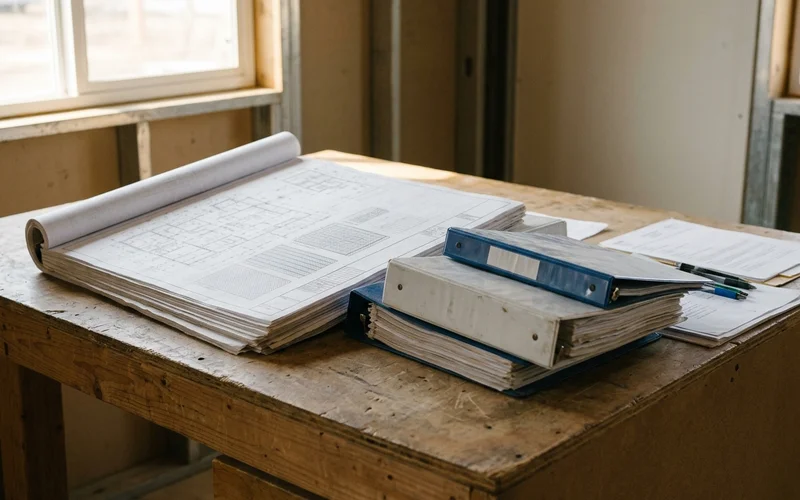 Organized permit drawing set and binders on a site office desk