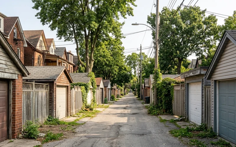 Public laneway behind a row of Toronto houses with garages