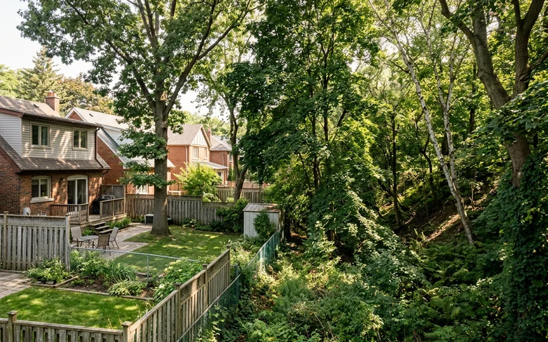 Ravine edge behind a residential lot with dense mature trees