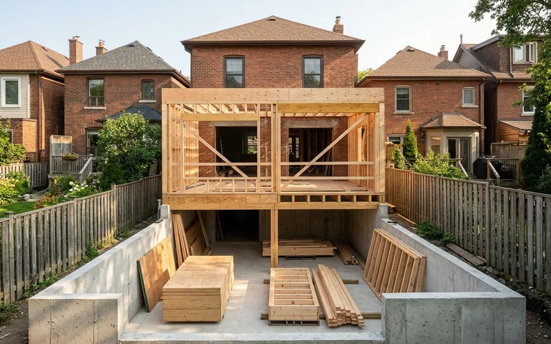 Rear addition framing tied into an existing Toronto brick house with new foundation walls below