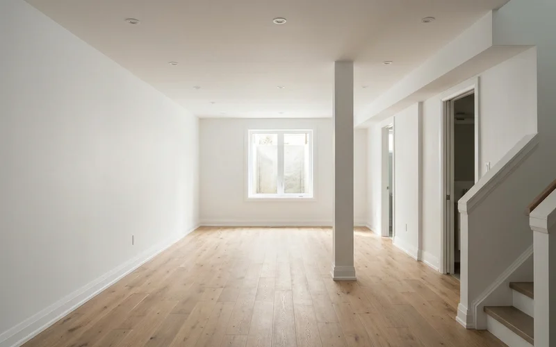 The same basement unit after finishing with oak floor and white walls