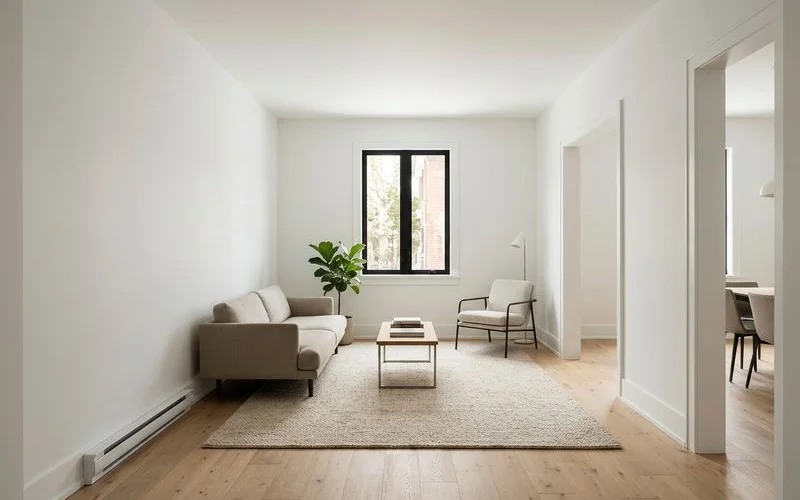The same living room after conversion with oak floor and white walls