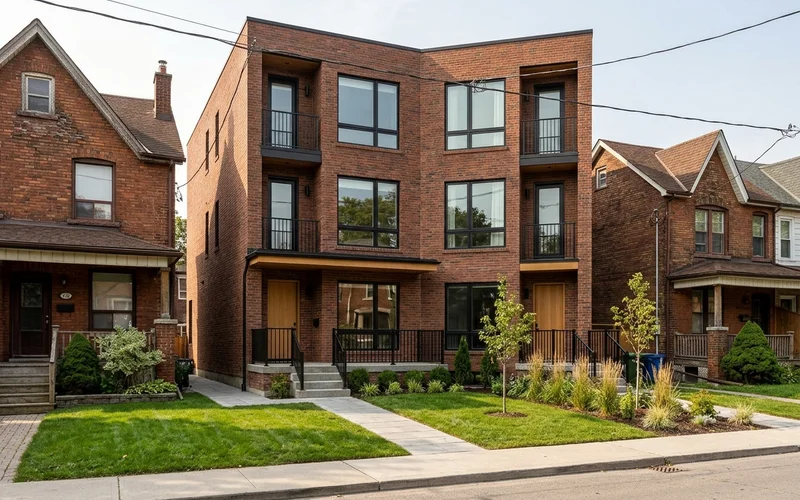 The same Toronto fourplex finished with brick and oak trim