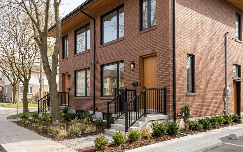 Side-street unit entrance with black metal railing on a corner fourplex