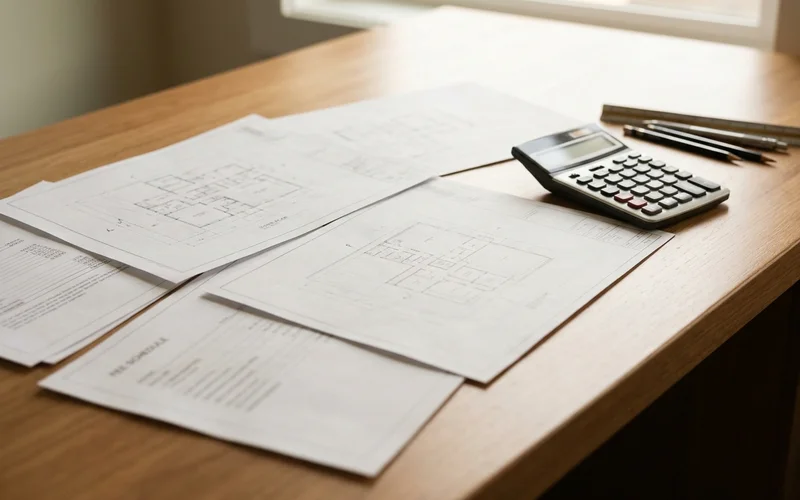 Site plan and fee schedule documents on a desk beside a calculator