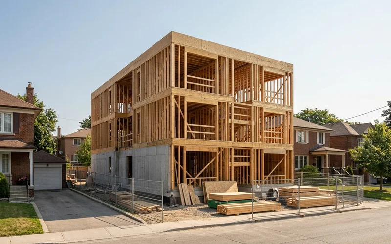 Sixplex under construction in East York with framed upper storeys and second exit stair framing