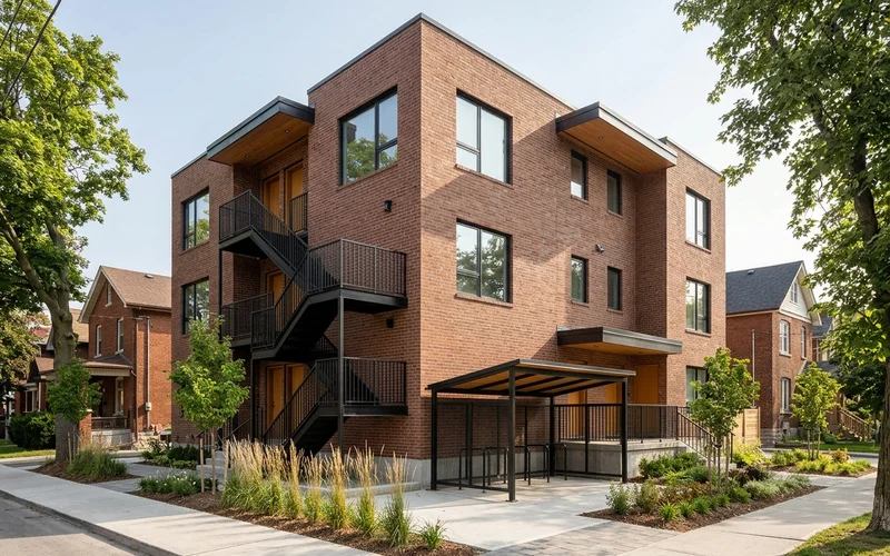 Sixplex side elevation with second exit stair and bike storage
