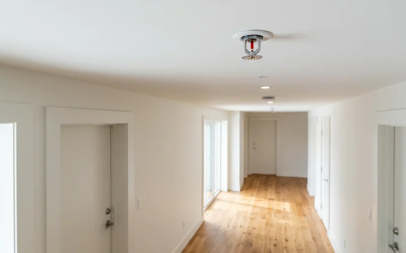 Sprinkler heads in the ceiling of a finished multiplex corridor