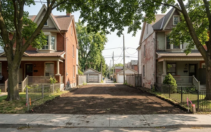Surveyed infill lot with property pins and a lane behind