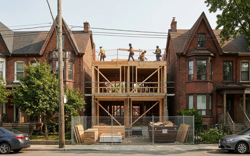 Crew framing the second floor of a new Toronto fourplex on a narrow infill lot