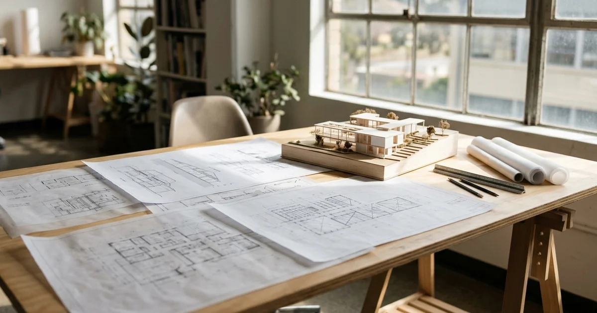Architect's desk with multiplex floor plans and a scale model