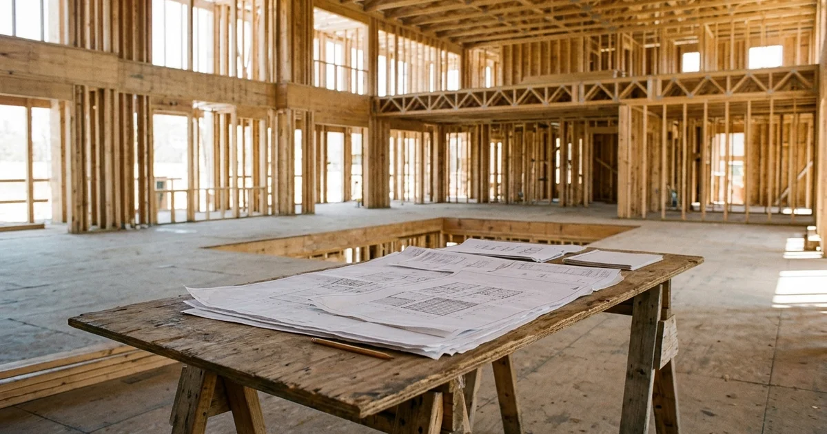 Architectural drawings on a site table inside a framed multiplex