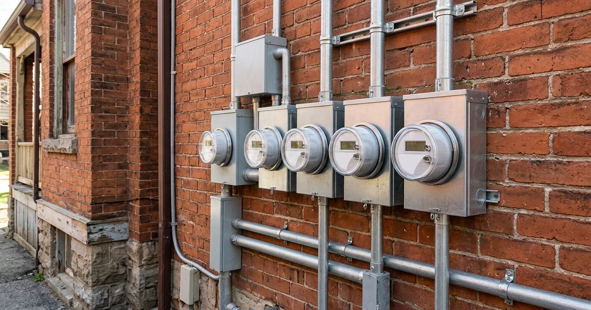 Bank of new electrical meters on the exterior wall of a converted Toronto house