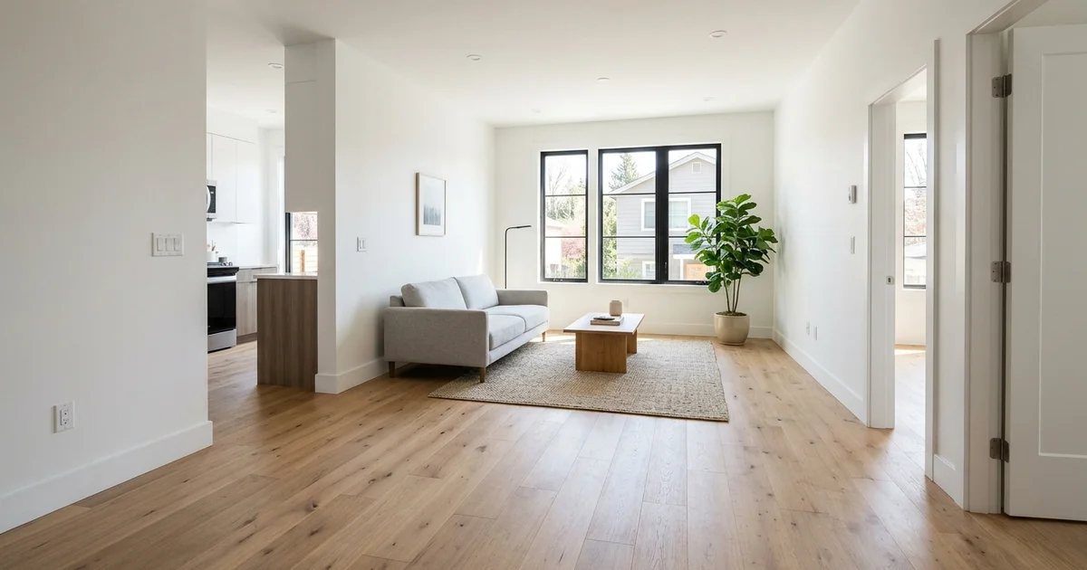 Bright finished two-bedroom fourplex unit living room with oak floor
