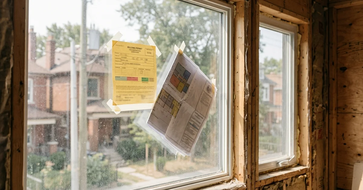 Building permit card posted in the window of a Toronto multiplex under construction
