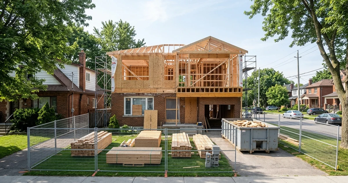Bungalow with a new framed second-storey addition under construction