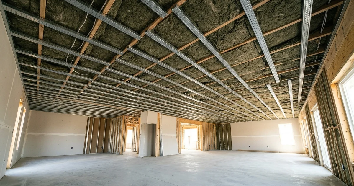 Ceiling between units with resilient channel and mineral wool insulation installed