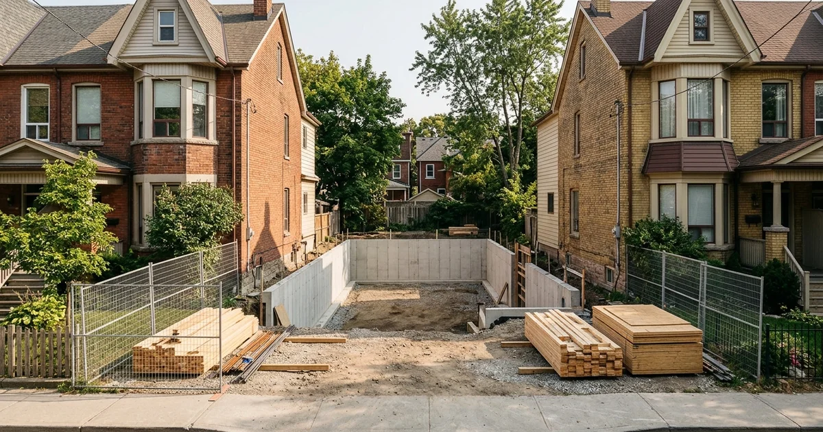 Excavated Toronto infill lot with poured foundation walls between houses