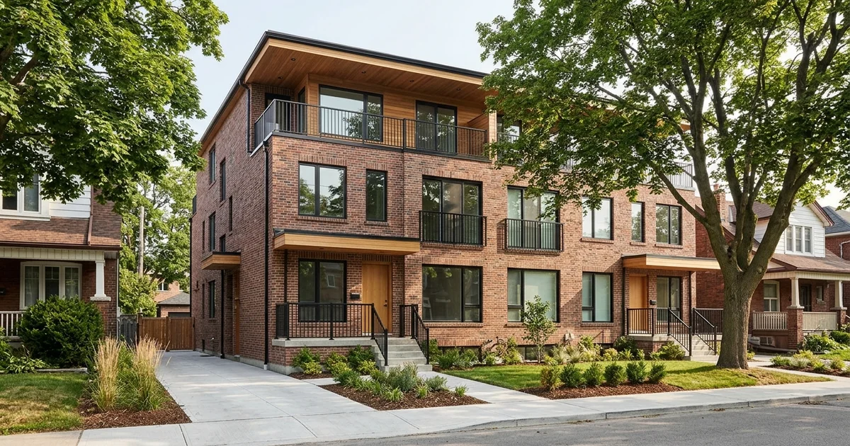Finished fourplex in Etobicoke with brick and oak details