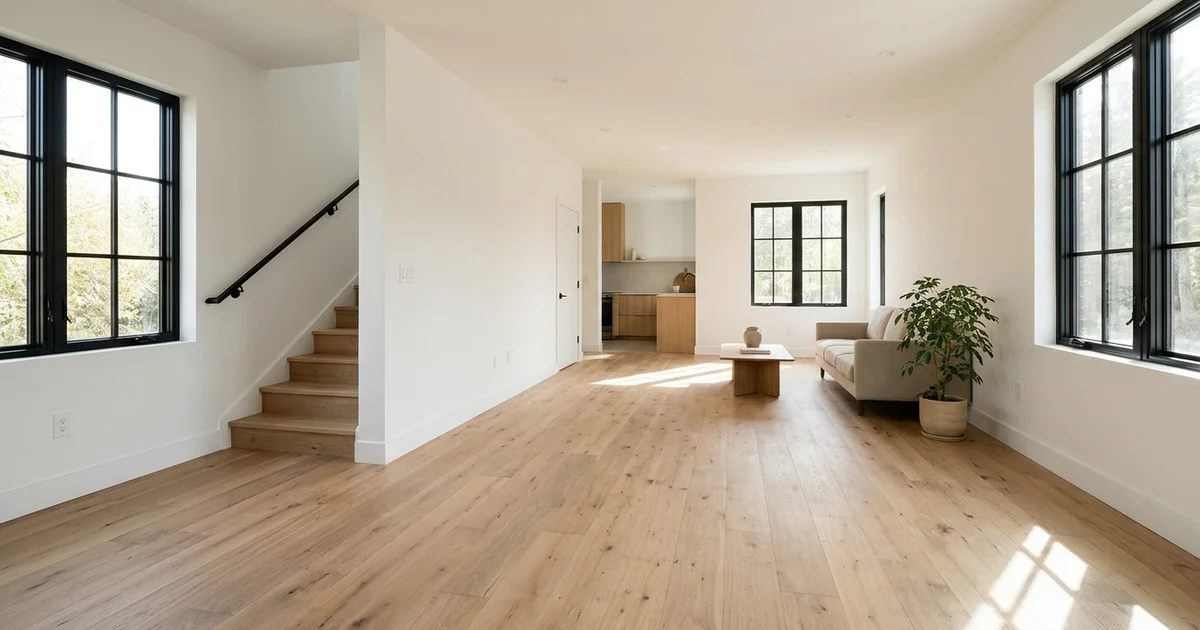 Finished multiplex interior with wide-plank oak floor and casement windows
