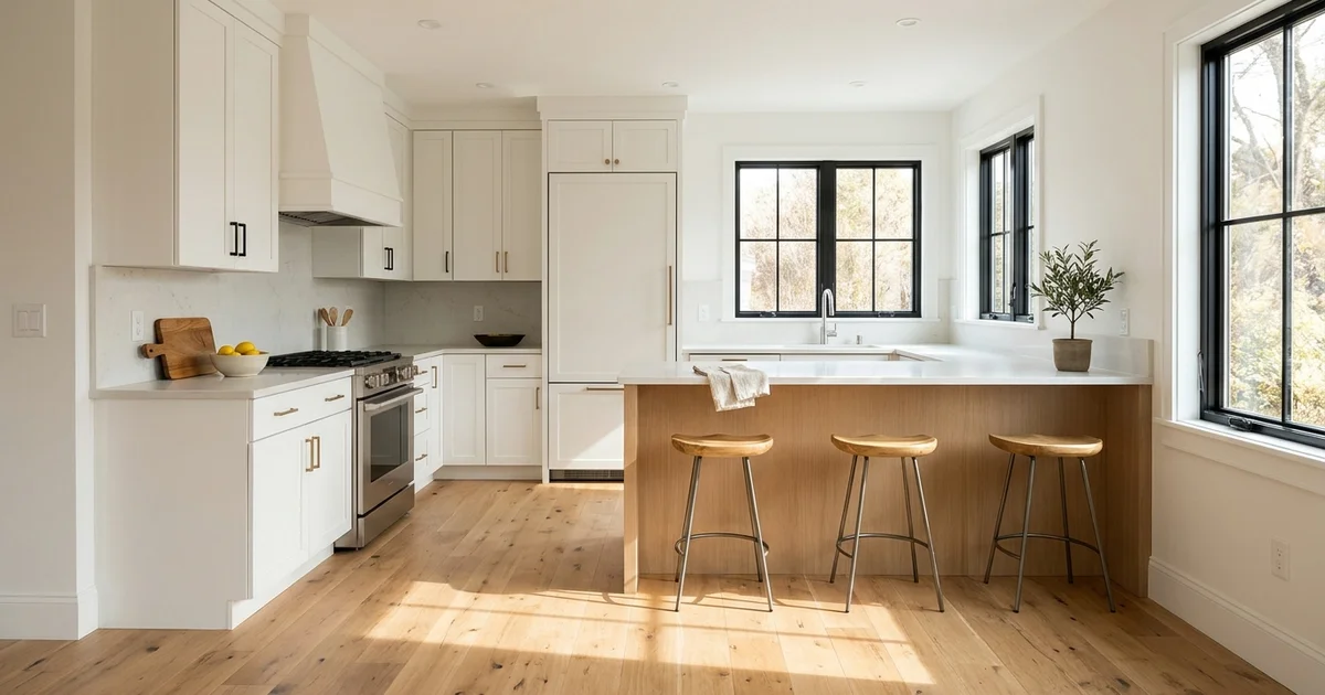 Finished multiplex kitchen with white cabinets and oak floor