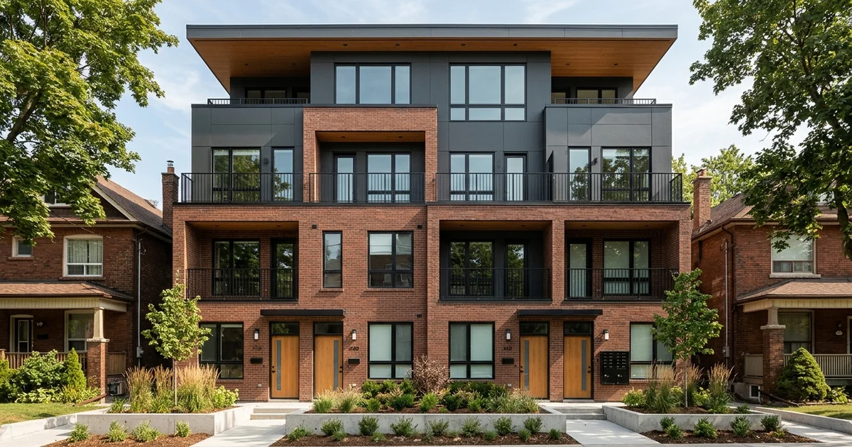 Four-storey sixplex exterior with non-combustible cladding on a Toronto street