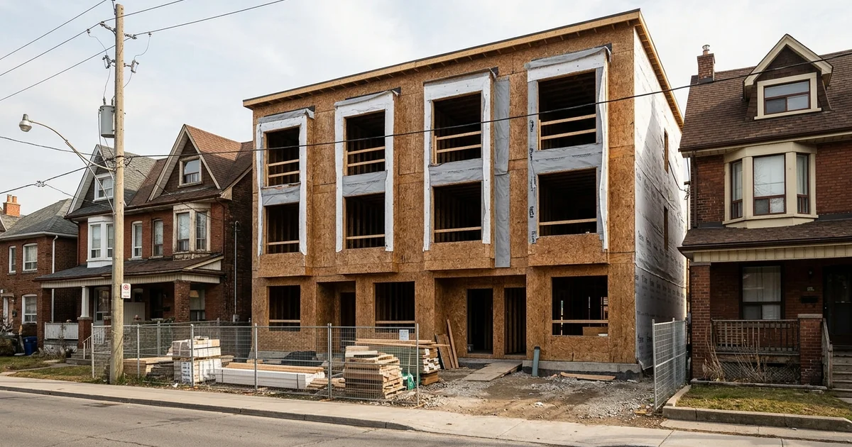 Fourplex under construction with framed upper floors on a Toronto infill lot