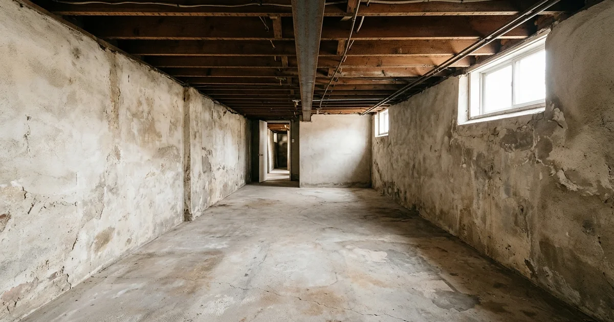 Low unfinished Toronto basement with exposed joists and concrete floor