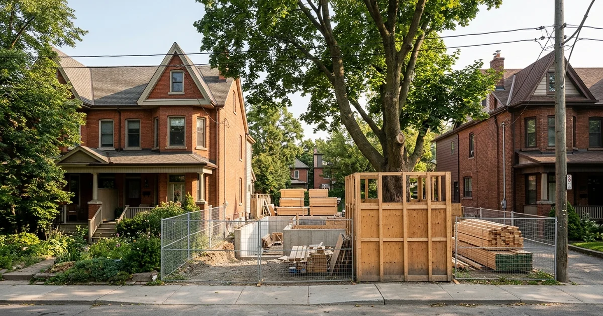 Mature tree with protection hoarding beside an infill construction lot