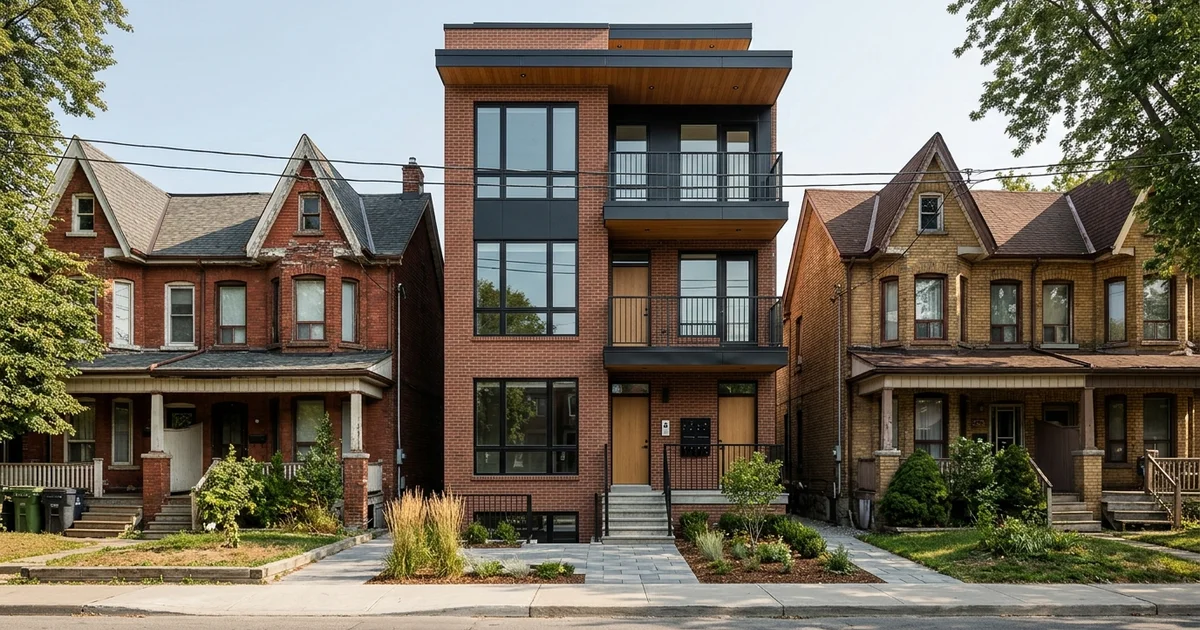 Narrow finished fourplex on a 25-foot Toronto lot between older semis