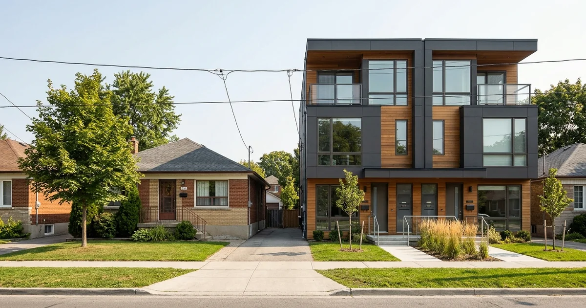 Older Toronto bungalow beside a new modern fourplex on the same street