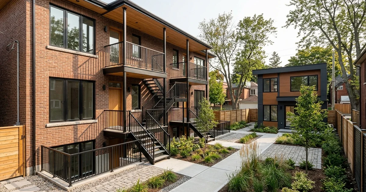 Rear yard view of a Toronto fourplex with a modern detached garden suite behind it