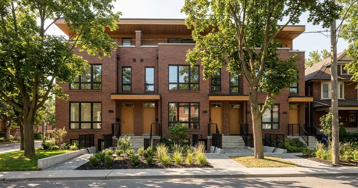 Row of finished brick fourplexes on a tree-lined Toronto residential street