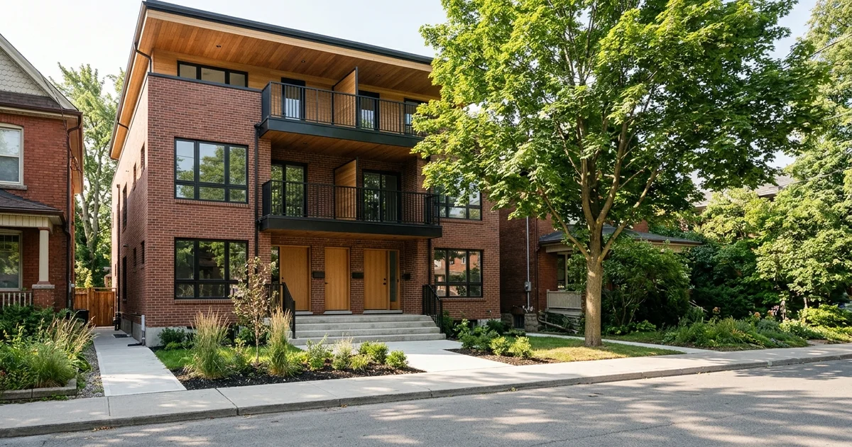 Stacked fourplex exterior with two levels of balconies on a Toronto street