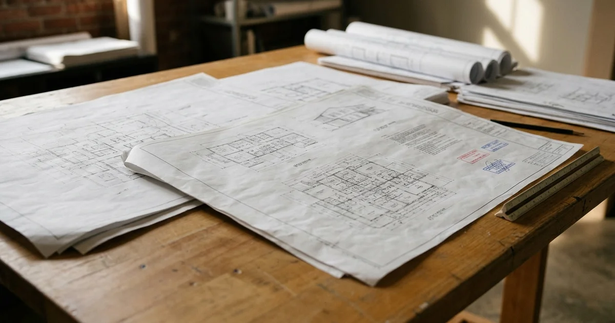 Stamped permit drawings for a fourplex laid on a drafting table