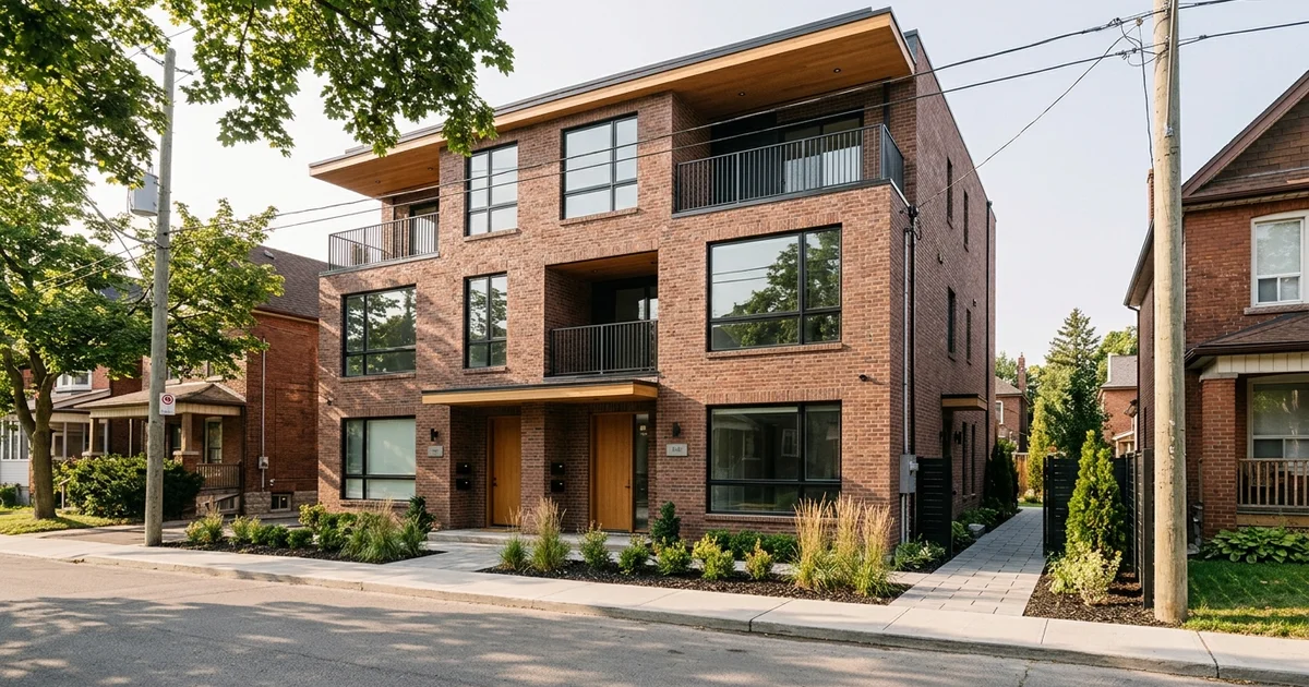 Toronto residential street with a new fourplex and a narrow side yard
