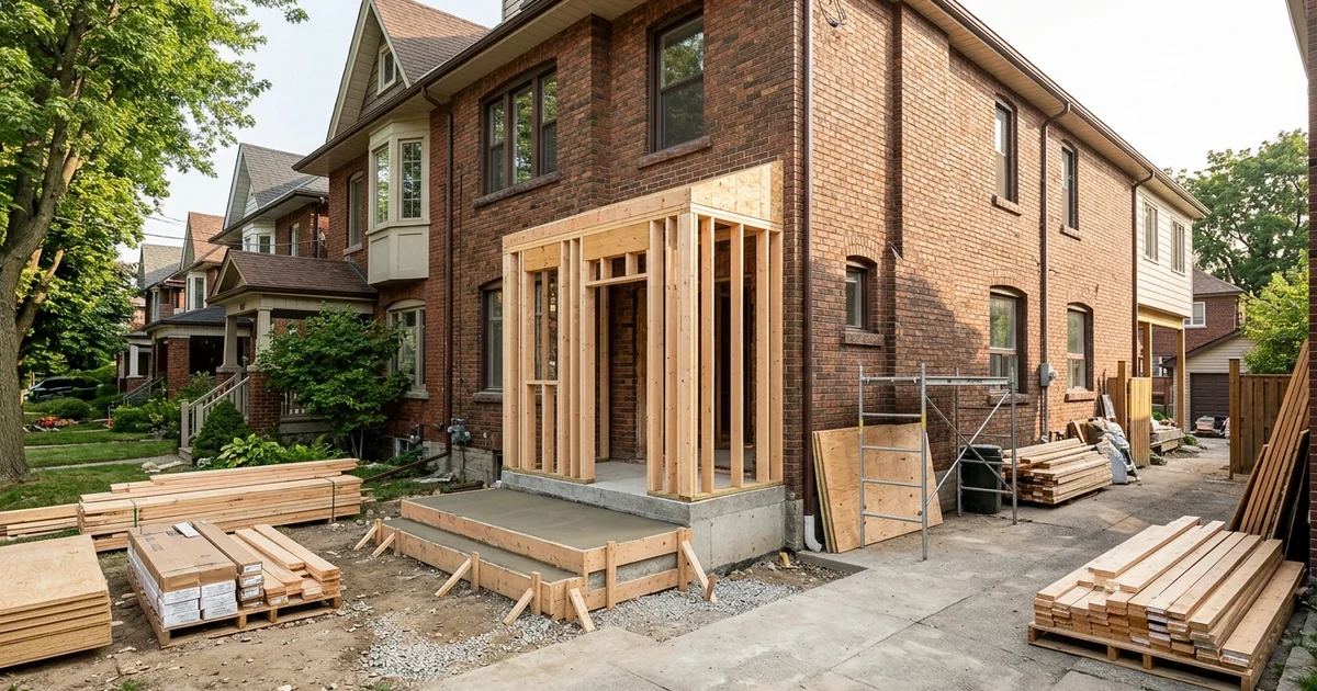 Toronto semi-detached brick house mid-conversion with new side entrance framing