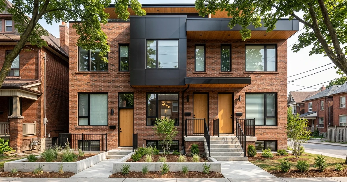 Triplex front elevation with three separate entrances and black railings