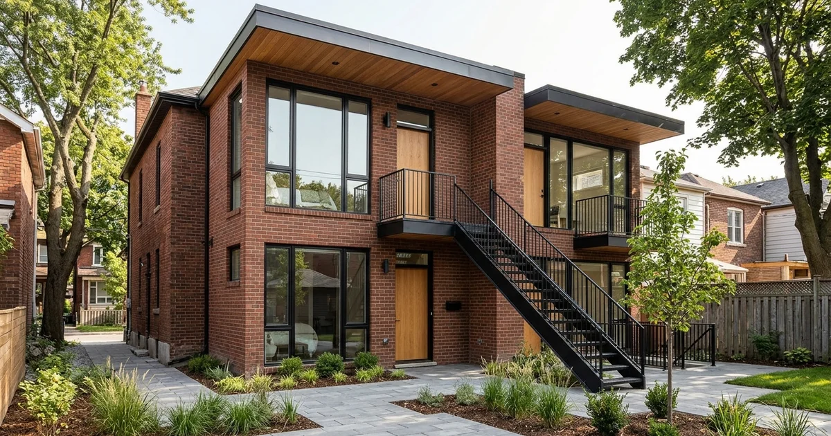 Two-storey rear addition on a Toronto brick house with large casement windows