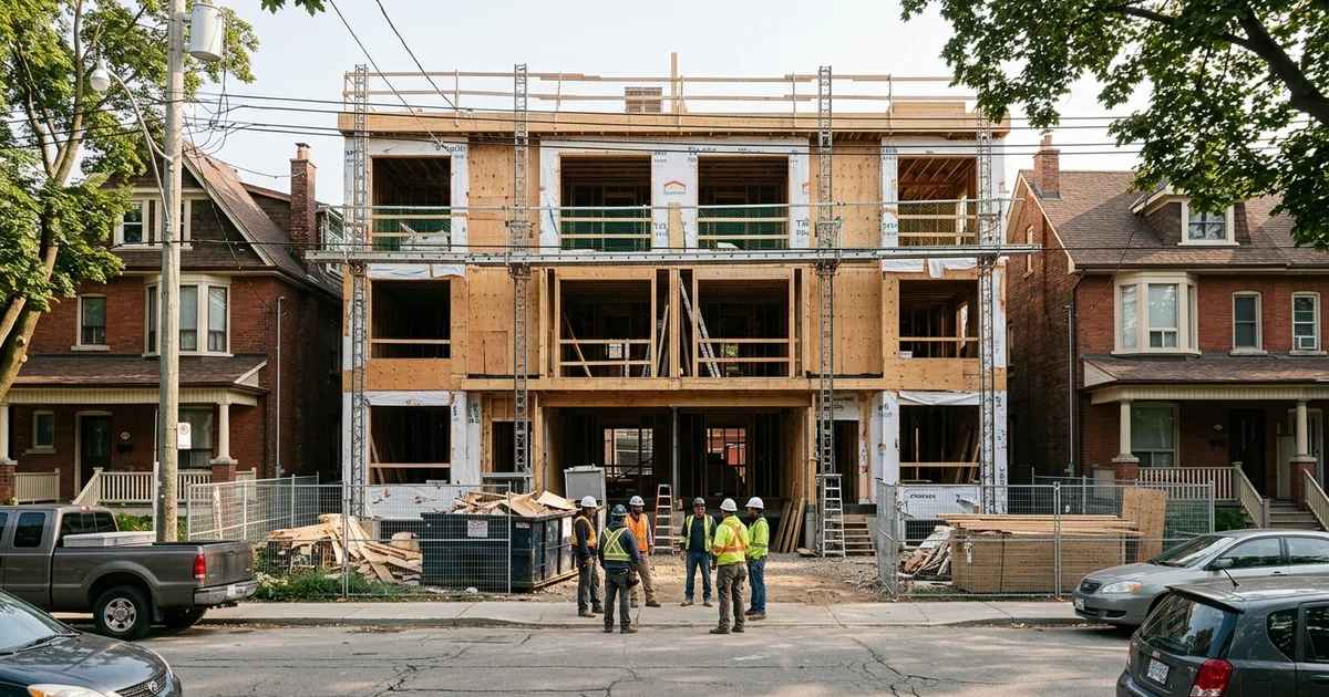 Construction crew standing at a distance in front of a framed Toronto fourplex