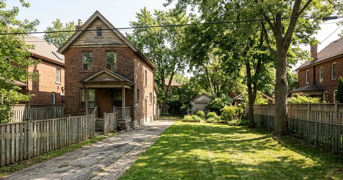 Typical Toronto residential lot with an older detached house and deep backyard
