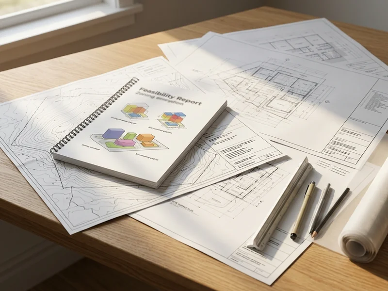 Feasibility report with zoning diagram and site survey on a desk