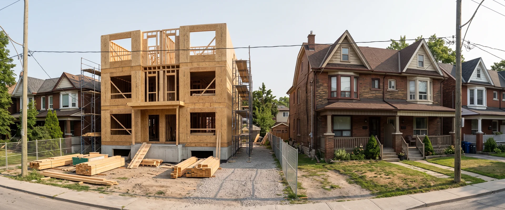 Framed Toronto multiplex under construction beside a finished fourplex