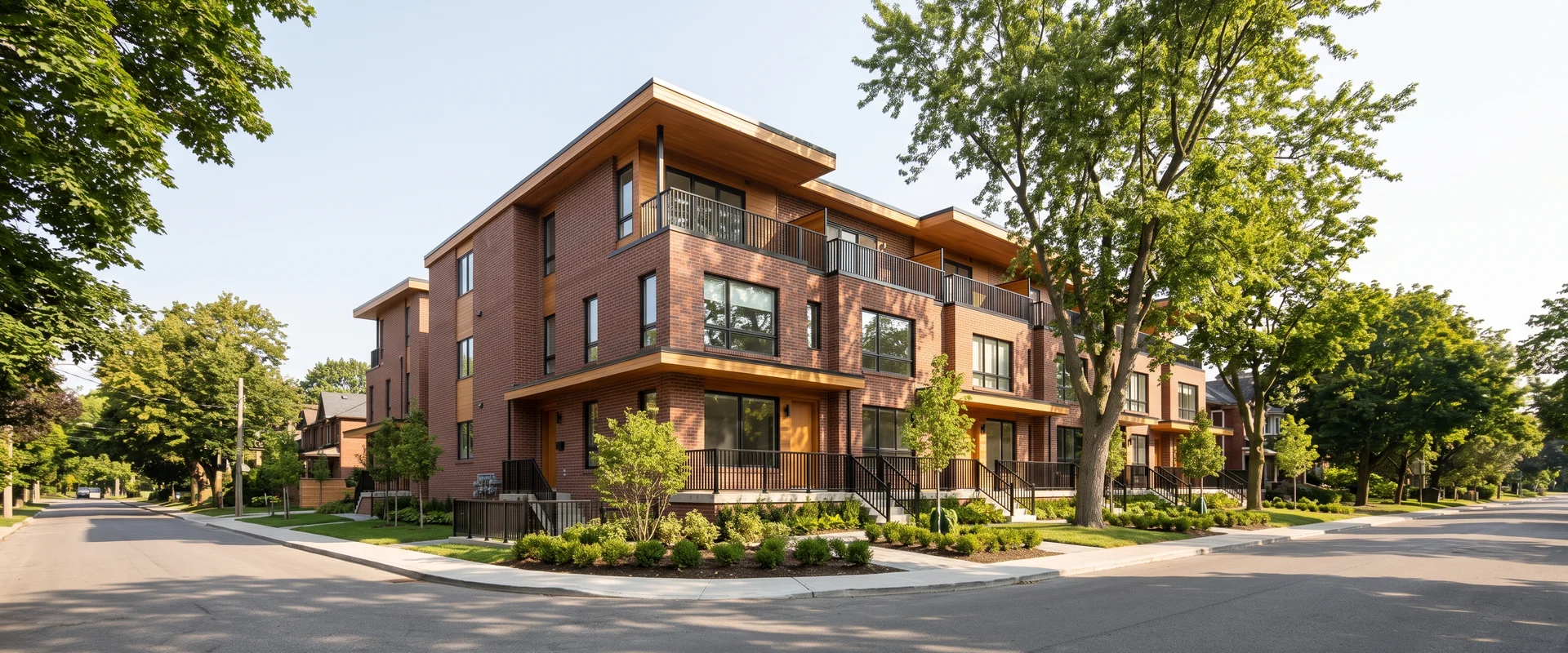 Row of finished brick multiplexes on a tree-lined Toronto street