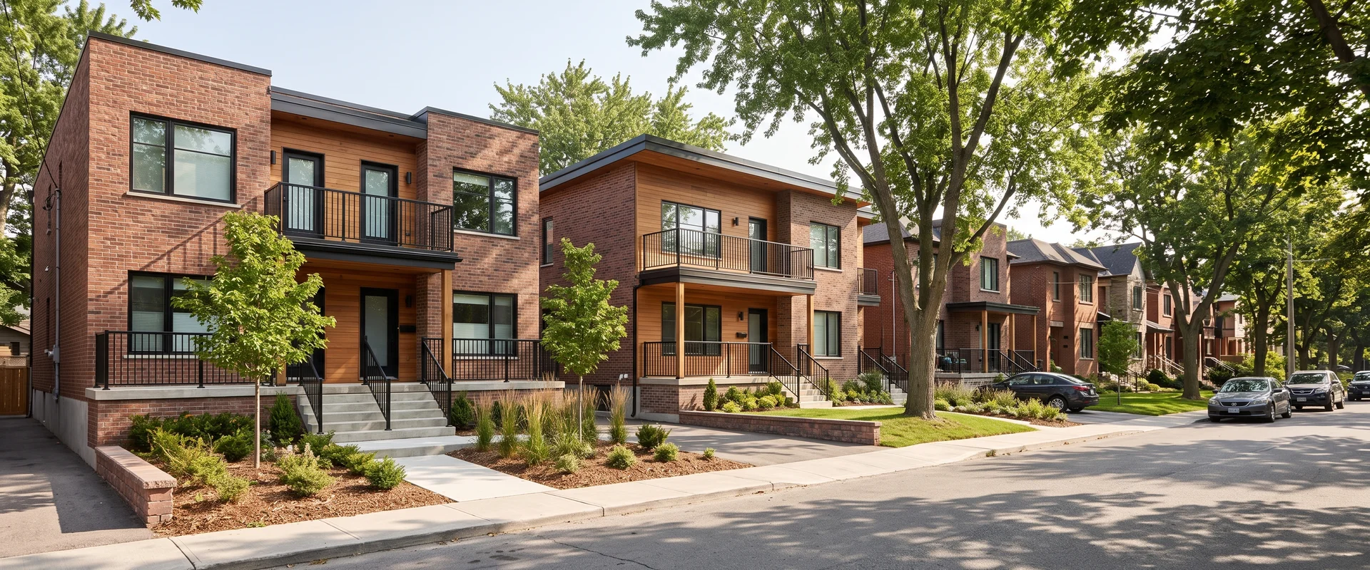 Street of finished brick and oak multiplexes in Toronto