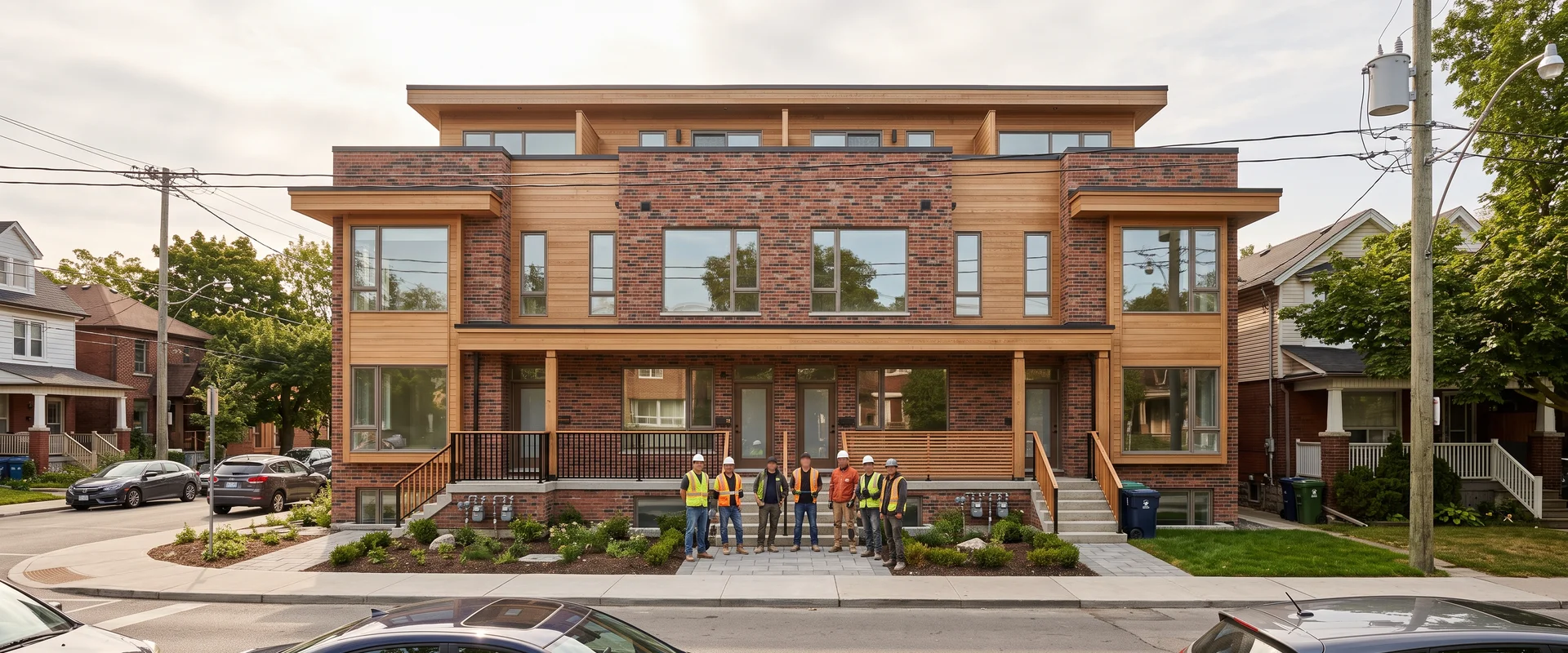 Toronto construction crew in front of a finished brick fourplex, shot from a distance