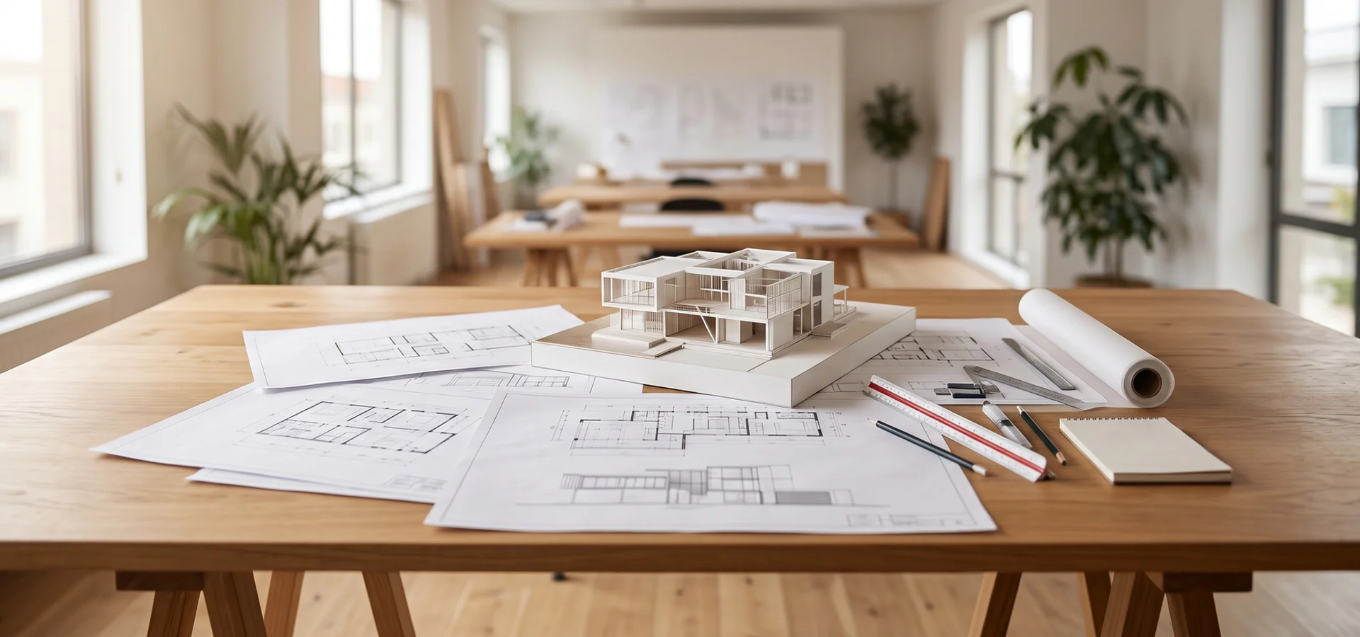 Architect's desk with multiplex floor plans and a scale model under window light