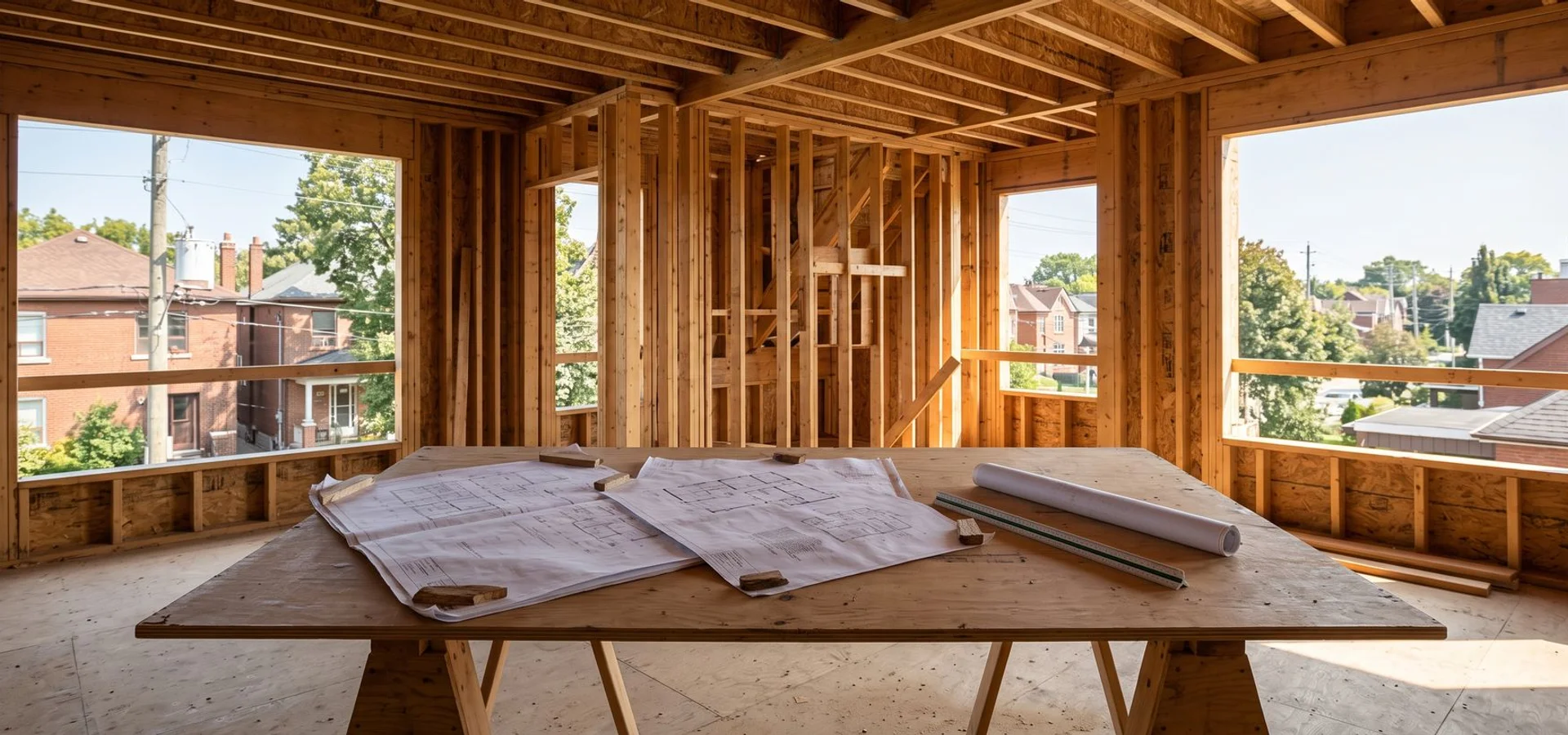 Architectural drawings on a site table inside a framed Toronto multiplex