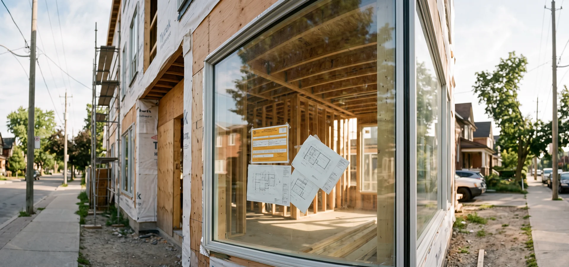 Building permit card posted in the window of a Toronto multiplex under construction